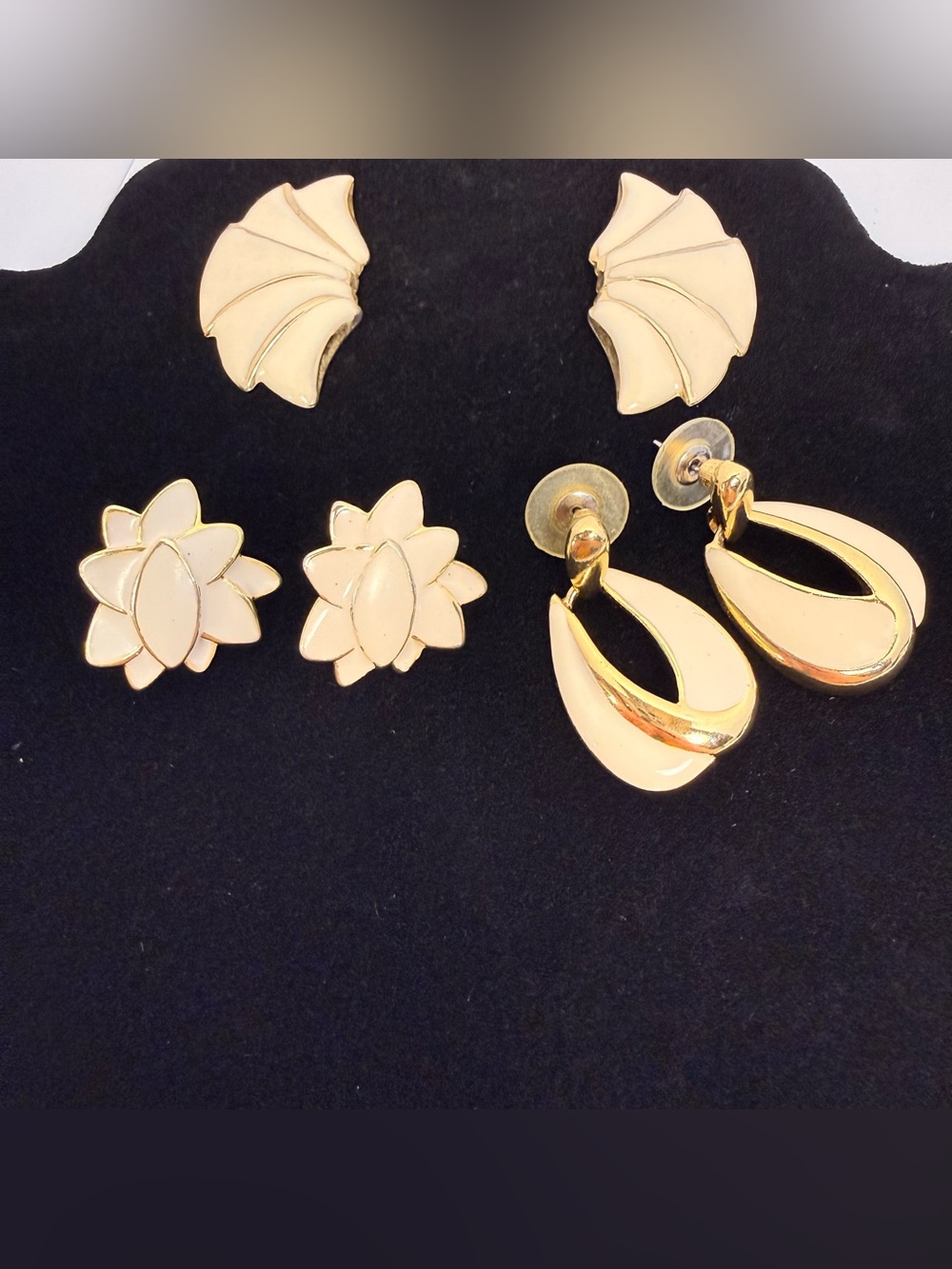Vintage Gold and White Enamel Earrings 3 pairs Stud Pierced Ear